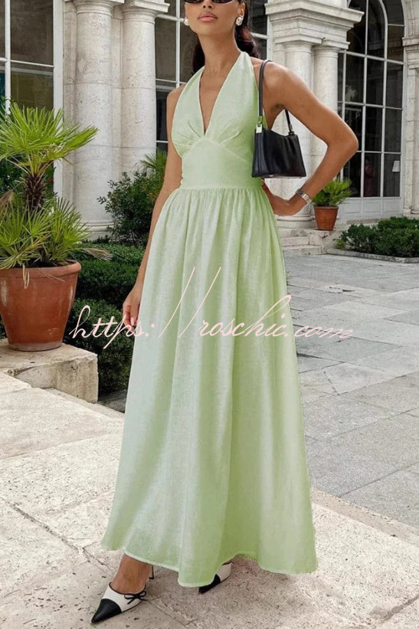 Linen Blend Halter Neck Backless Maxi Dress