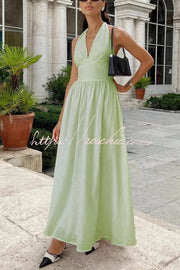 Linen Blend Halter Neck Backless Maxi Dress