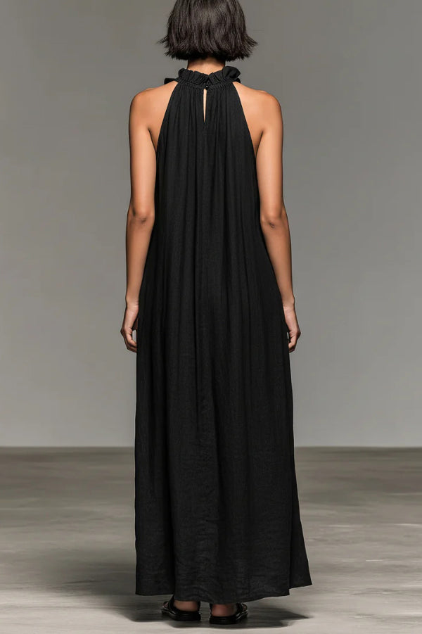 Linen Blend Halter Neck Maxi Dress – Loose Ruffle Sleeveless