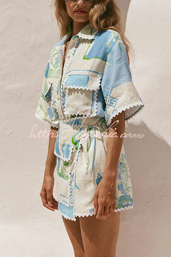Linen Blend Ric Rac Trim Printed Shirt & Wrap Mini Skirt Set