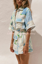 Linen Blend Ric Rac Trim Printed Shirt & Wrap Mini Skirt Set