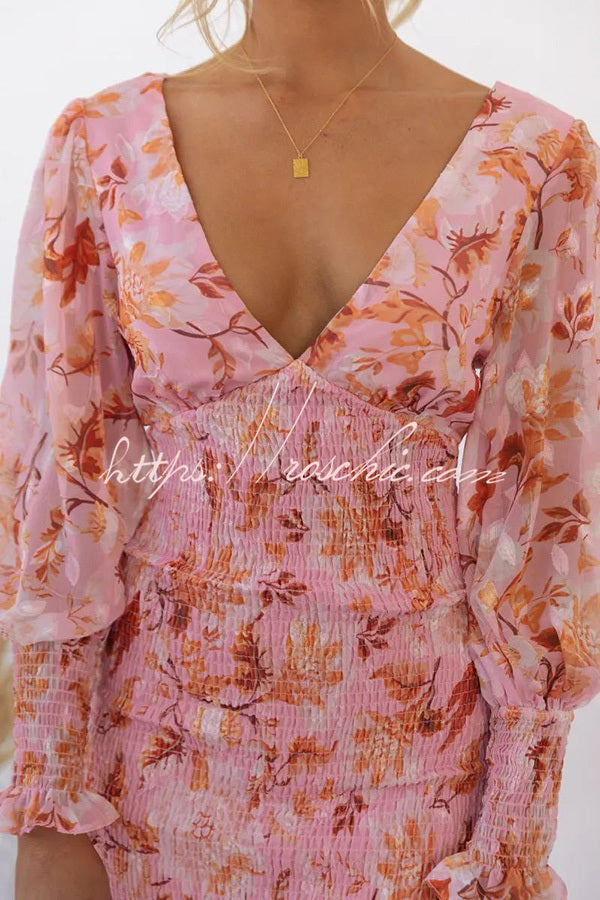 Floral Smocked Waist Long Sleeve Midi Dress