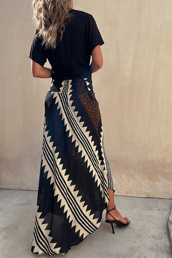 Satin Geometric Print Maxi Skirt with Elastic Waist