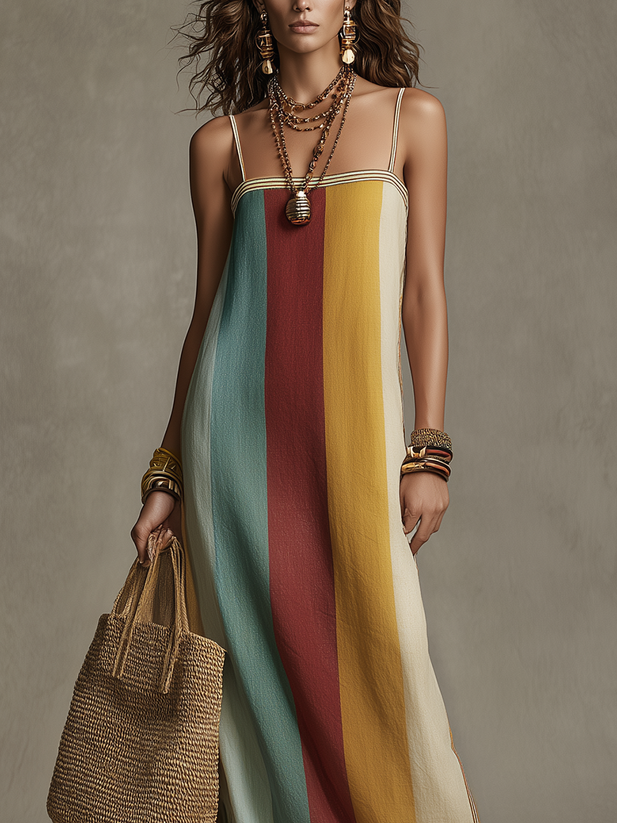 Boho Striped Color Block Maxi Dress with Spaghetti Straps
