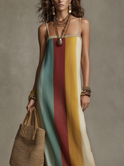 Boho Striped Color Block Maxi Dress with Spaghetti Straps
