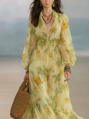 Lemon Yellow Chiffon Long Sleeve Maxi Dress – Boho Flowy