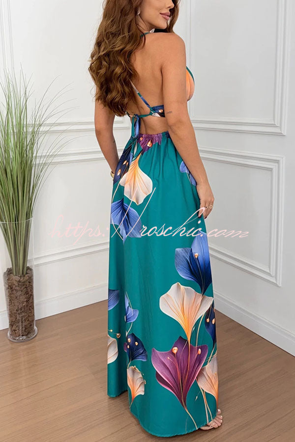 Floral Print Cutout Waist Open Back Lace-Up Slit Maxi Dress