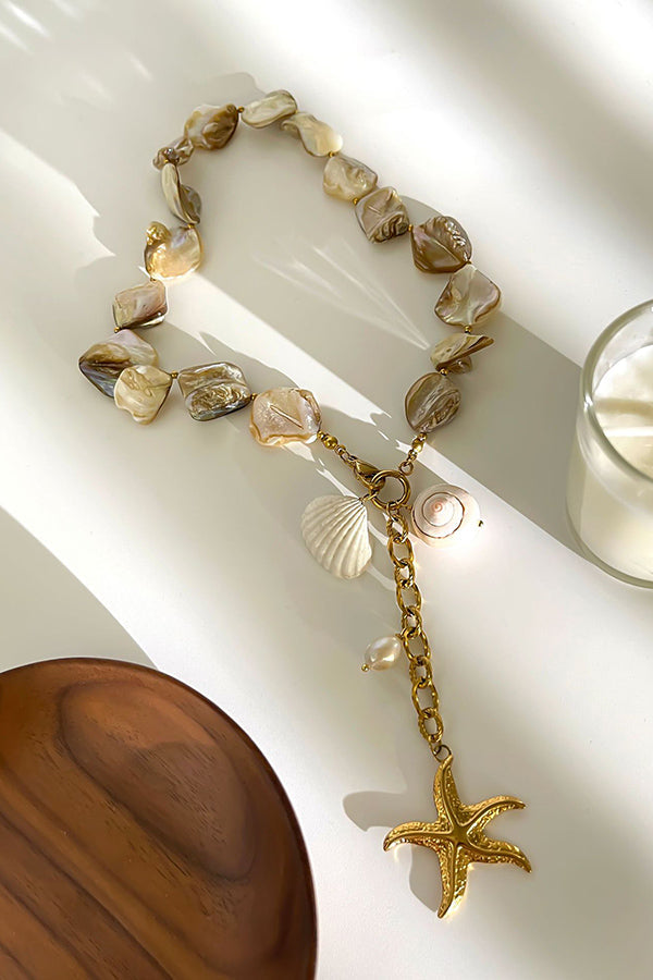 Pearl Beaded Starfish Pendant Necklace in Gold