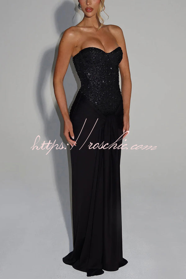 Sequined Satin Jersey Off-Shoulder Ruched Maxi Dress