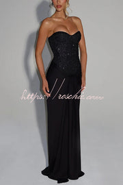 Sequined Satin Jersey Off-Shoulder Ruched Maxi Dress