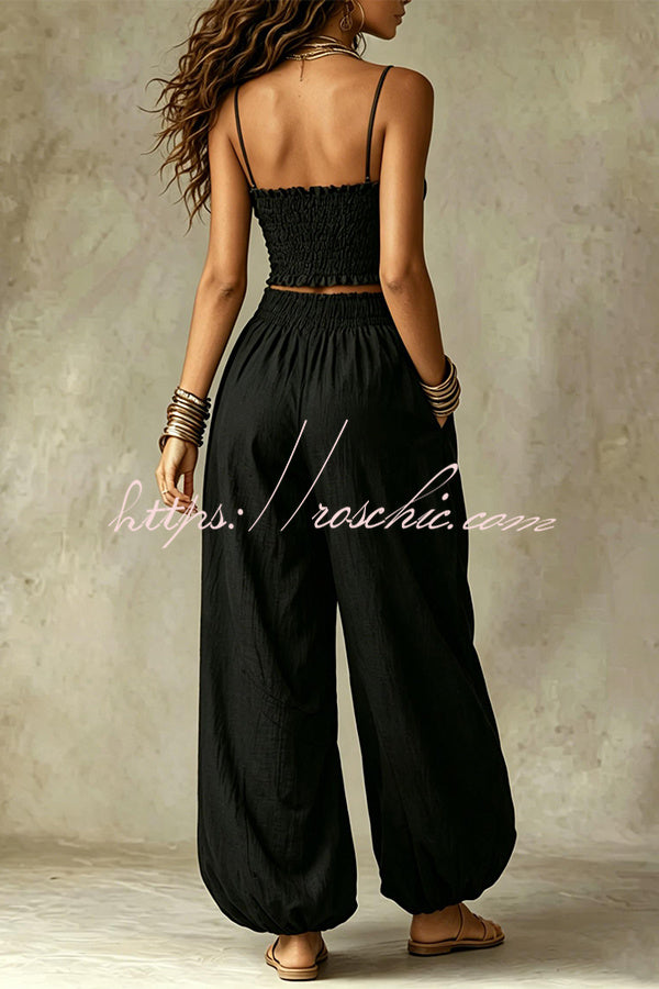 Olive Pleated Crop Top & Wide-Leg Pants Set