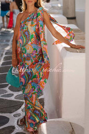 Satin One-Shoulder Maxi Dress – Rainbow Print Loose Fit