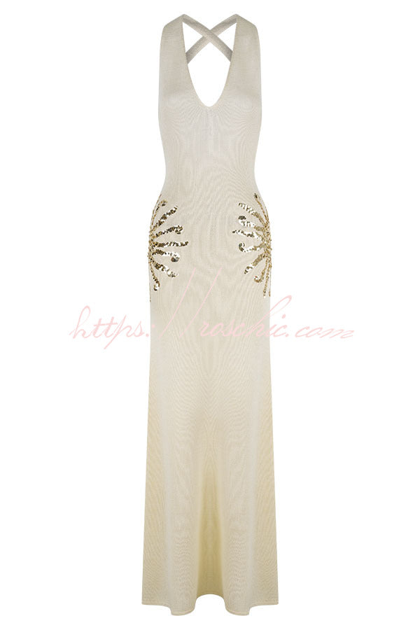 Sequin Knit Maxi Dress with Open Cross-Strap Back