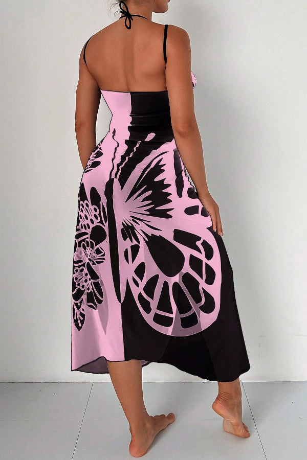 Butterfly Print Color-Block Midi Dress – Resort Cover-Up