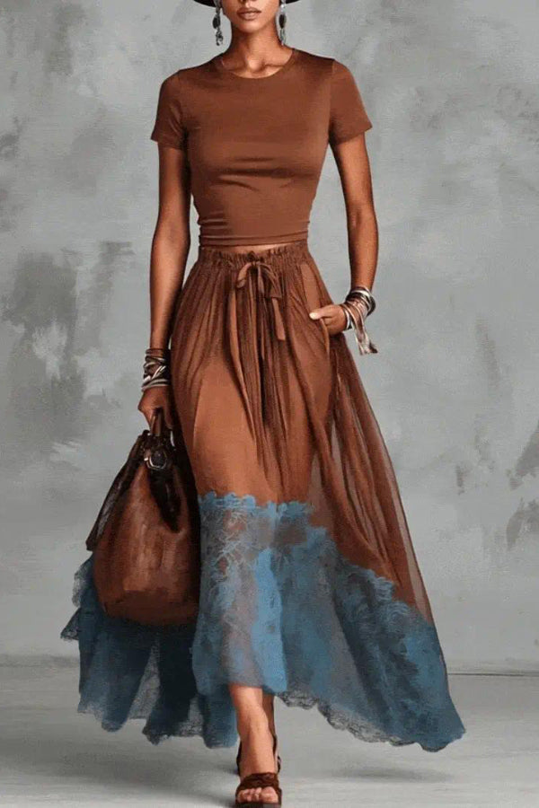 Round Neck Short Sleeve Top & Lace Hem Maxi Skirt Set