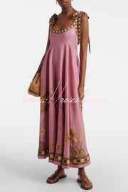 Linen Blend Printed Maxi Dress with Tie-Up Suspenders