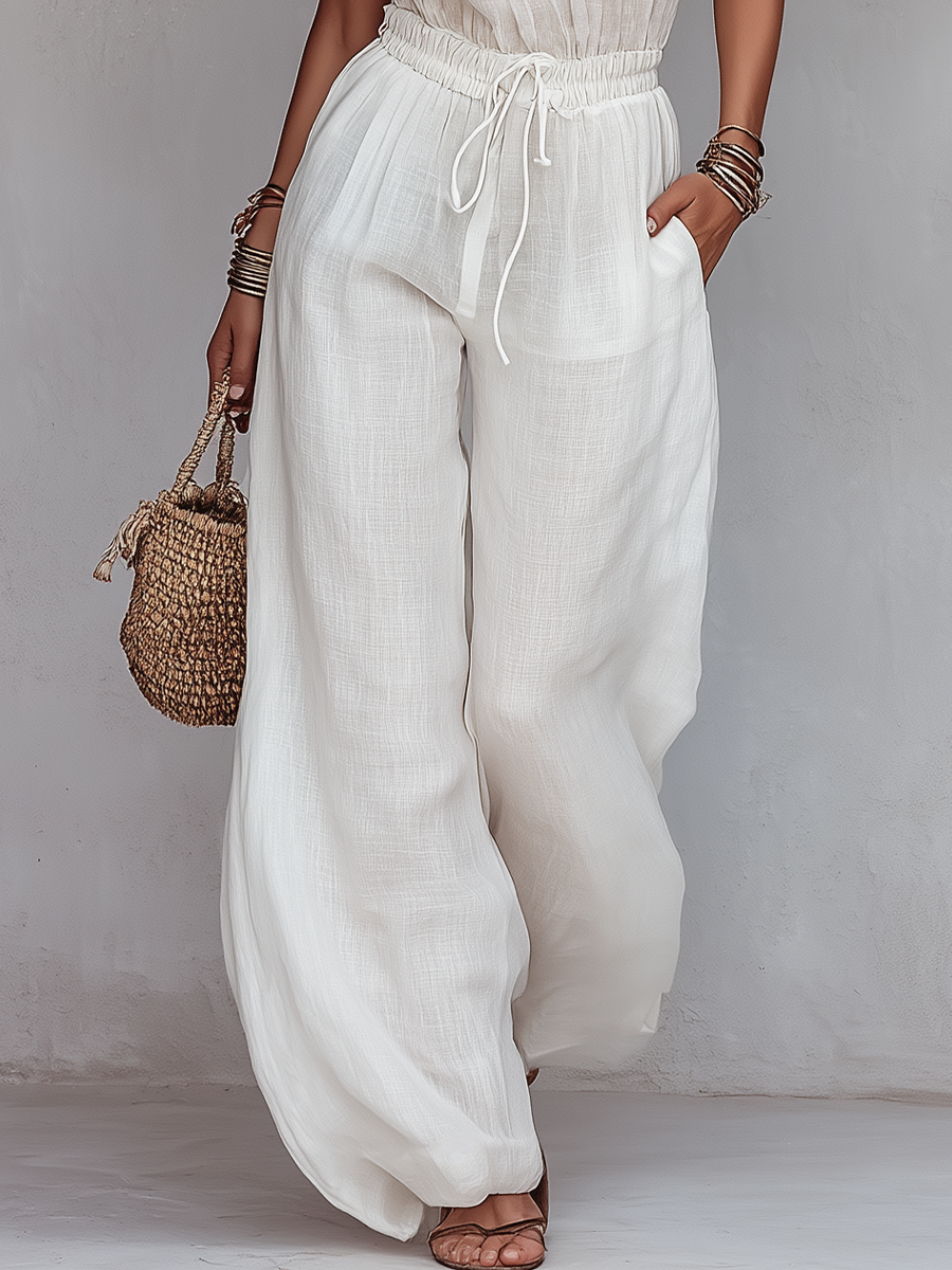 White Wide-Leg Pants Set with Drawstring Waist