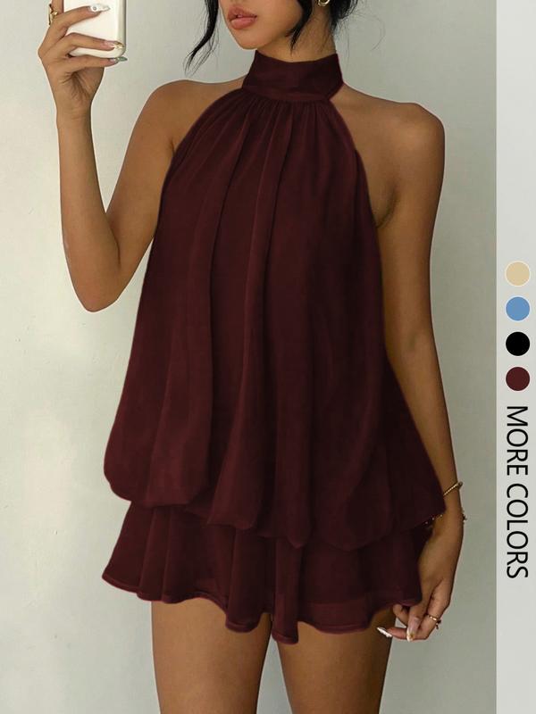 Women's Simple Solid Backless Halter One-Piece Jumpsuit, Elegant Ruffle Design, Perfect for Casual Wear, All Seasons Fashion, Outfit