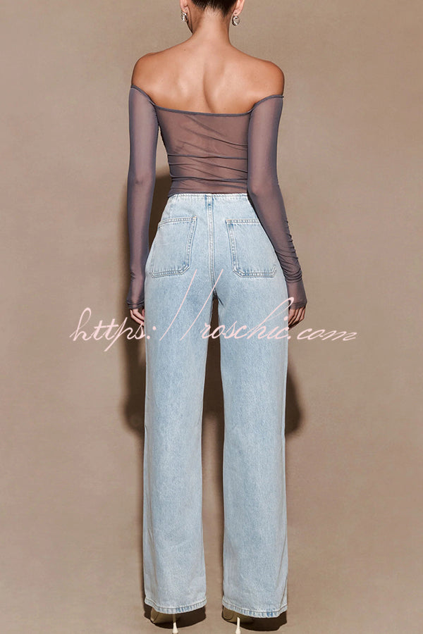 Sequin Mesh Bardot Off-Shoulder Long Sleeve Top