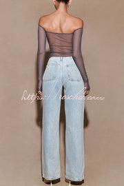 Sequin Mesh Bardot Off-Shoulder Long Sleeve Top