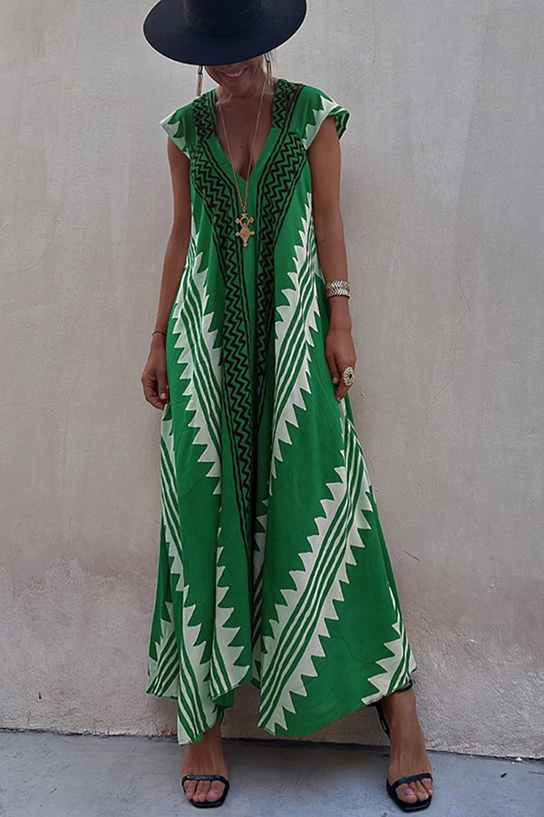 Ethnic Print V-Neck Maxi Dress – Loose A-Line Vacation Dress