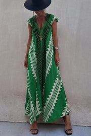 Ethnic Print V-Neck Maxi Dress – Loose A-Line Vacation Dress