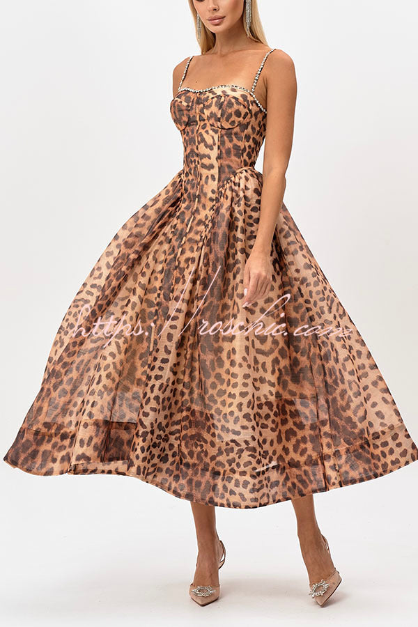 Leopard Print Rhinestone Midi Dress with Smocked Back & Pockets