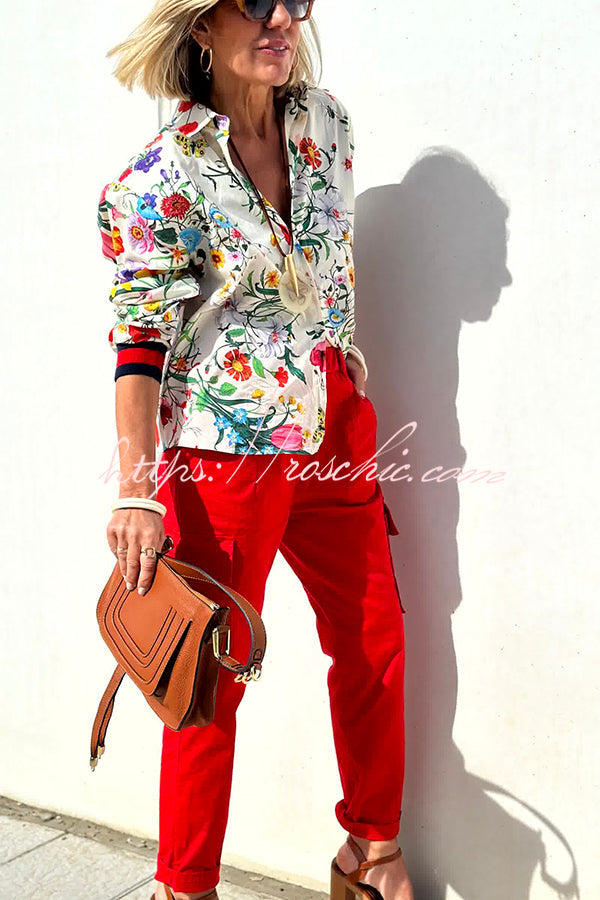 Blouse boutonnée surdimensionnée en satin à imprimé floral