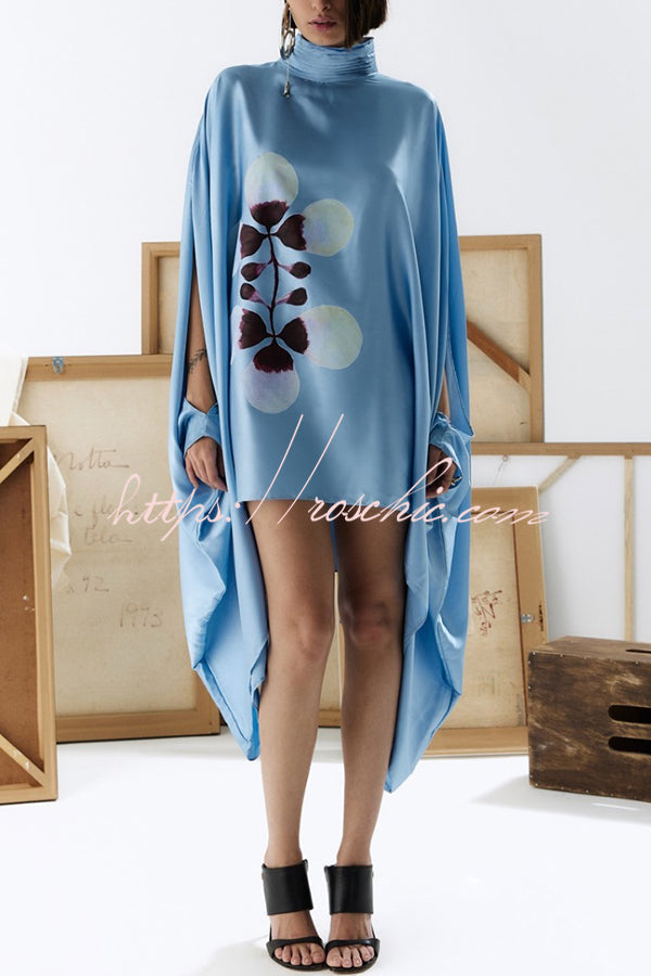 Satin Floral Print Pleated High-Neck Mini Dress
