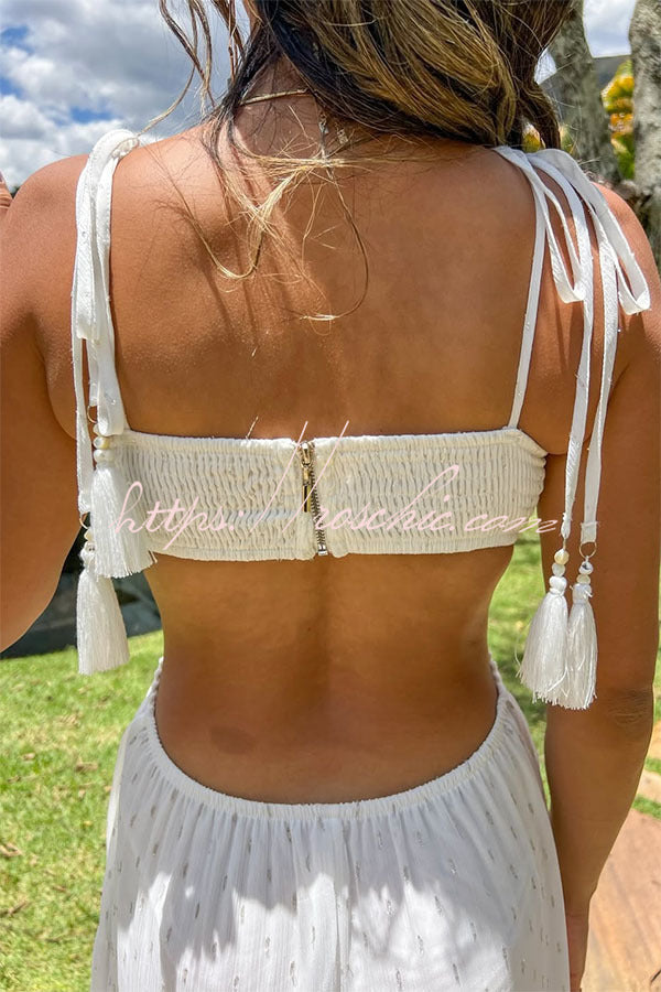 Polka Dot Chiffon Maxi Dress with Crochet Tassel Straps