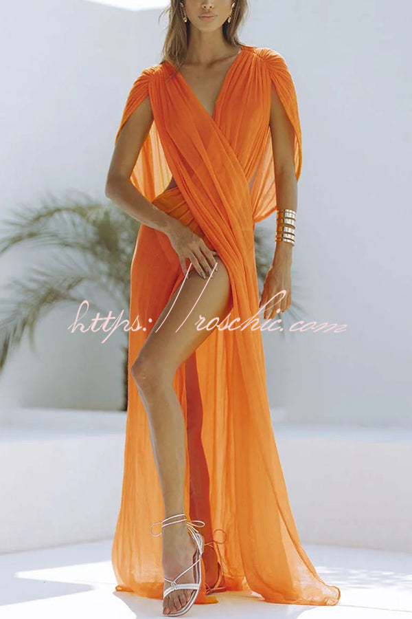 Linen Blend Ruched Shoulder Maxi Dress | Vacation Cover Up