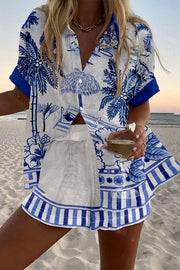 Beach Print Loose Shorts Set with Button & Elastic Waist