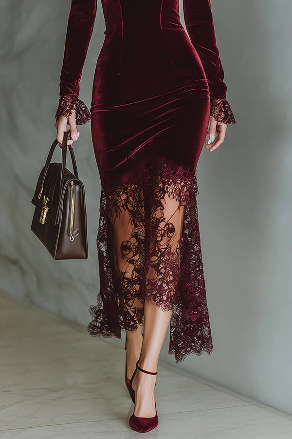 Velvet & Lace Patchwork Square Neck Maxi Dress