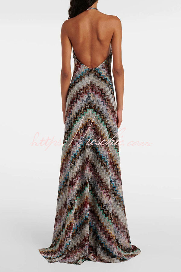 Knit Herringbone Print Halter Open-Back Maxi Dress