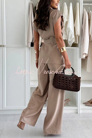 Linen Blend Sleeveless Wide Leg Pants Set with Lapel Top