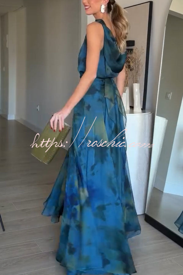 Chiffon Ombré Print Cowl Neck Top & High-Rise Maxi Skirt Set