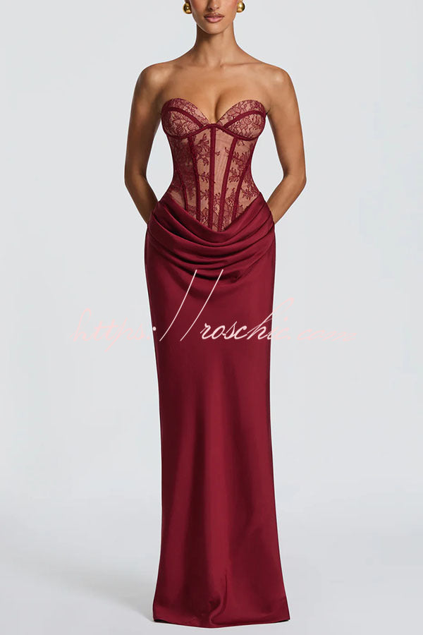 Floral Lace Strapless Maxi Dress with Lace-Up Back