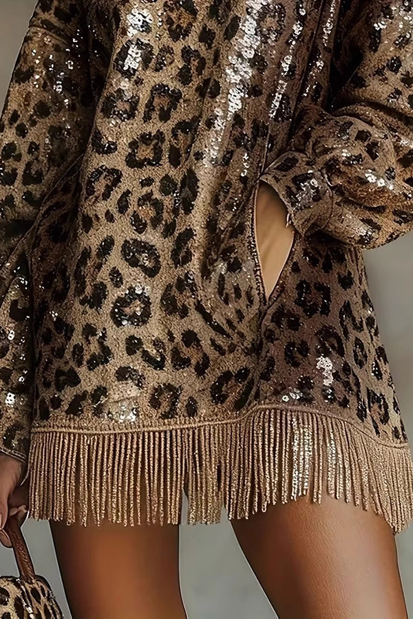 Leopard Print Sequin Turtleneck Mini Dress with Tassel Hem