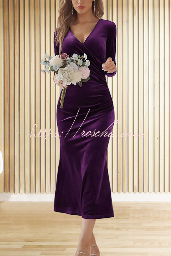 Velvet Long Sleeve V-Neck Fishtail Maxi Dress – Slim Fit