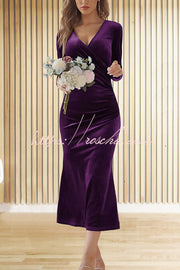 Velvet Long Sleeve V-Neck Fishtail Maxi Dress – Slim Fit