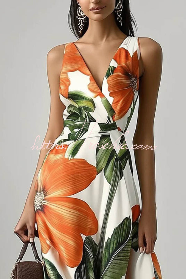 Floral Print Maxi Dress | V-Neck Sleeveless Vacation Dress