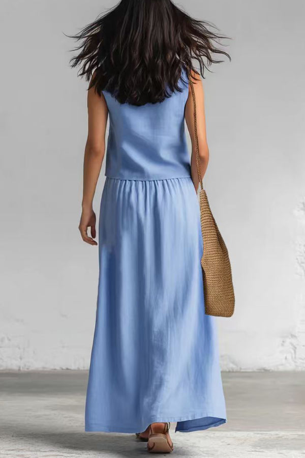 Linen Blend V-Neck Sleeveless Top & Midi Skirt Set
