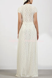 Floral Lace Two-Piece High Neck Top and Wide Leg Pants Set