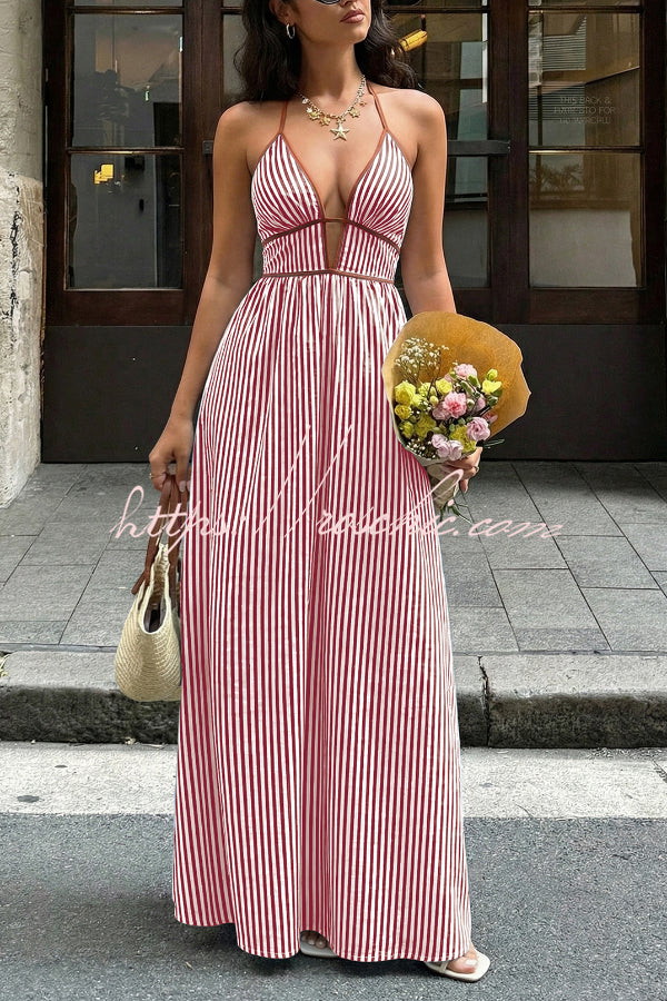 Robe longue rayée, col en V, sans manches, dos nu – Vacances