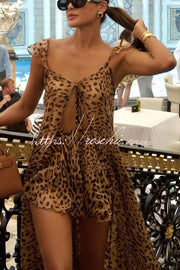 Leopard Print Tie-Up Top & Shorts Set – Vacation Two-Piece