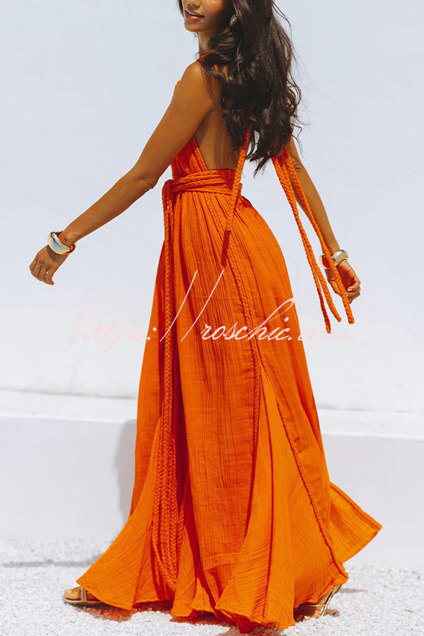 Linen Blend Halter Maxi Dress – Deep V Backless Cover Up