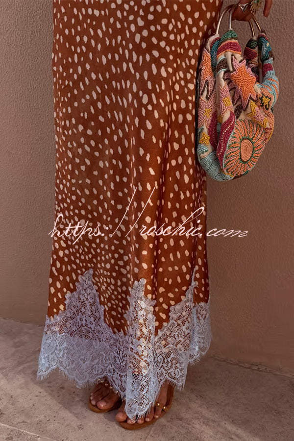 Fawn Print Satin Maxi Skirt with Lace Trim, Mid Rise