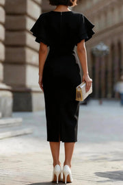 Ruffle Sleeve Midi Dress | Slim-Fit Round Neck Office Dress