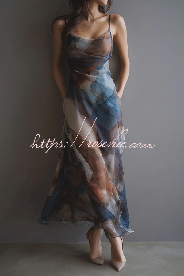 Abstract Watercolor Cowl Neck Maxi Dress