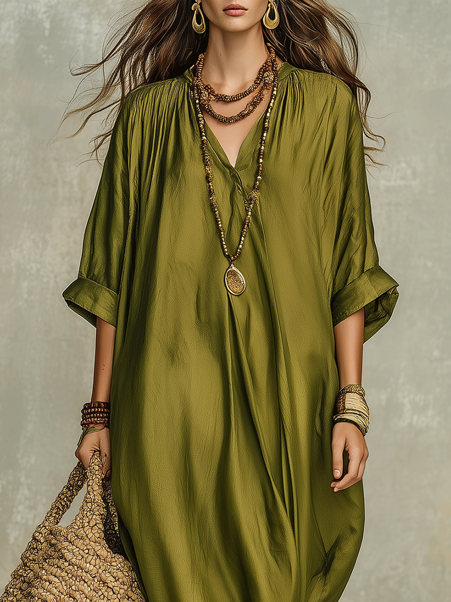 Olive Green Bohemian Maxi Dress – Relaxed Fit